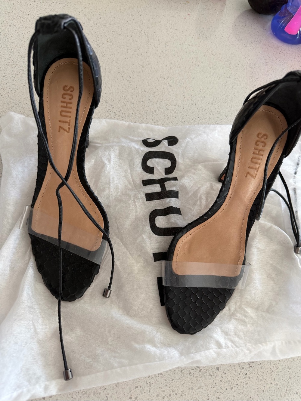 SCHUTZ Black Lace-Up Heeled Sandals with Clear Toe Strap